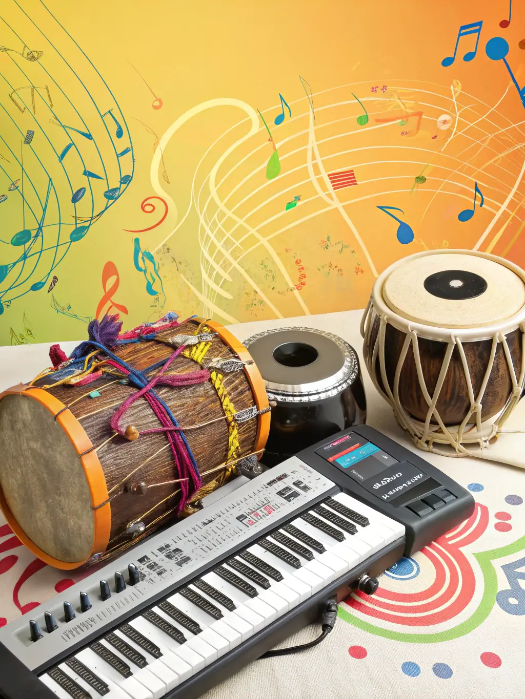 An image of artists from different countries collaborating on a musical project, symbolizing cultural exchange and artistic collaboration.