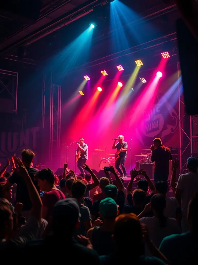 A vibrant image of a live music performance organized by Sloane Square Band, showcasing diverse musicians and an engaged audience.