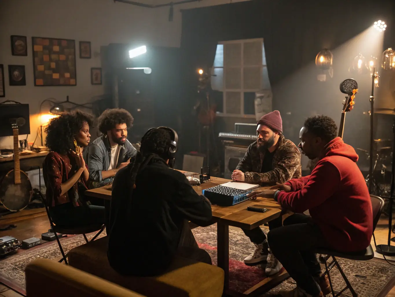 A dynamic image of artists from different countries collaborating on a musical project, symbolizing the international collaborations fostered by Sloane Square Band.