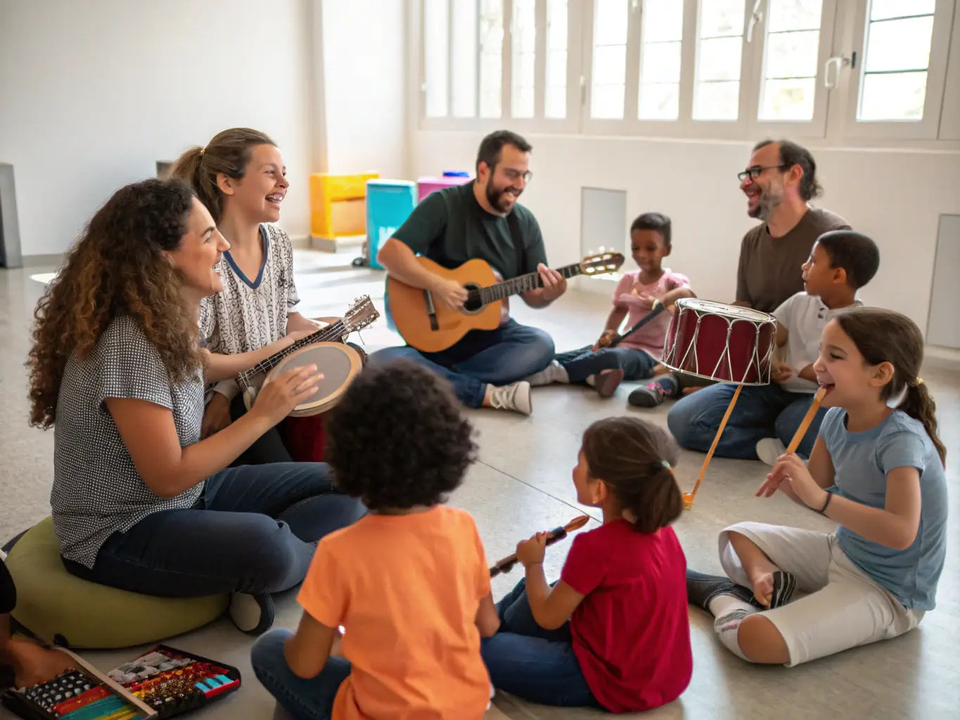 A group of participants actively engaged in a music workshop led by experienced artists, showcasing hands-on learning and collaboration.