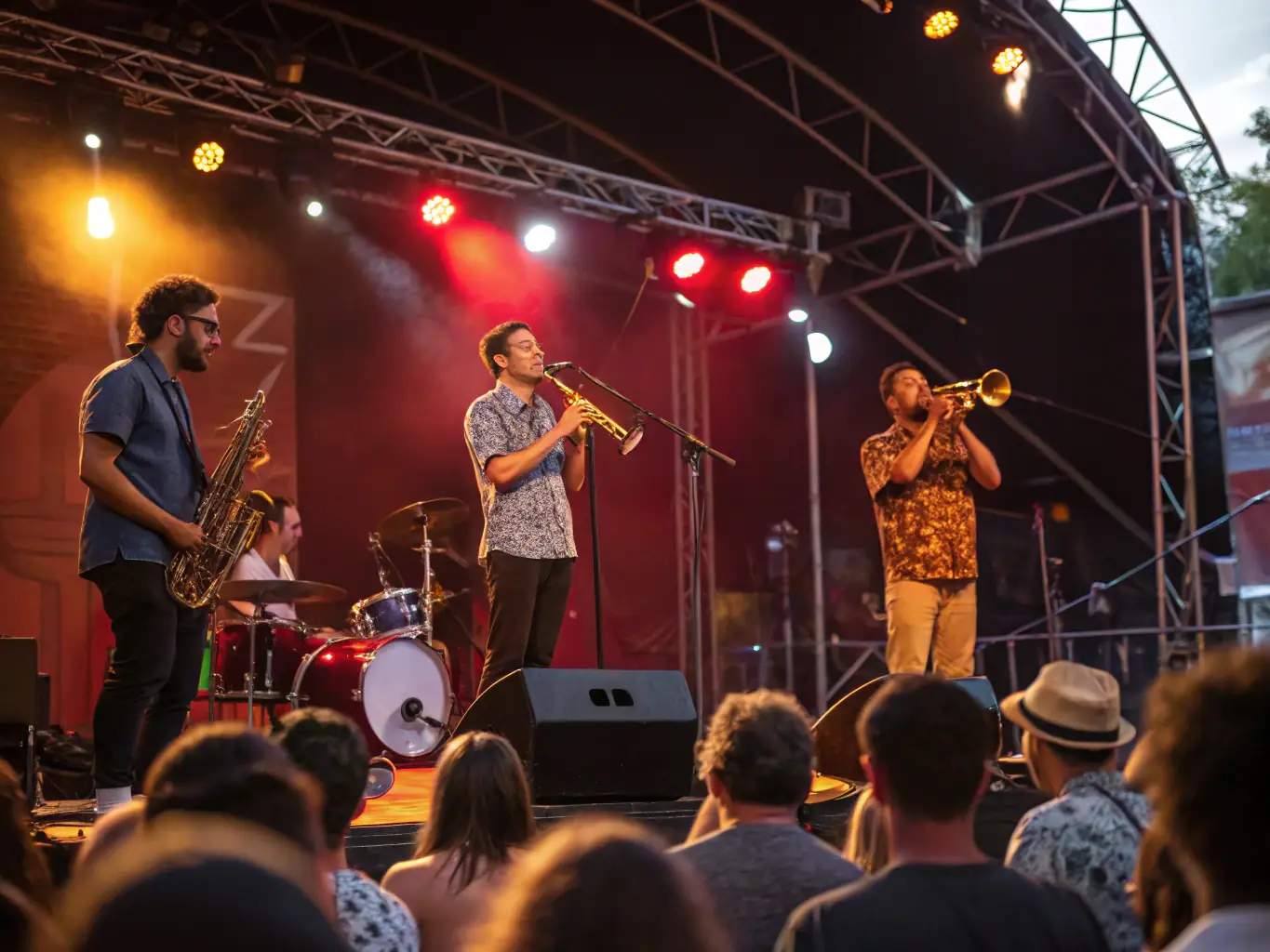 A vibrant photograph capturing the energy of a Sloane Square Band live performance, with musicians on stage and an enthusiastic audience.